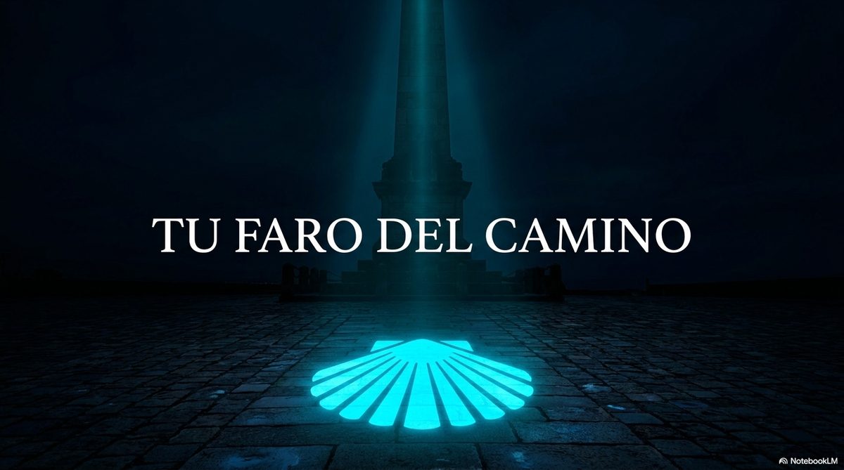 Proyección de la vieira del Camino sobre el pavimento del muelle, de noche